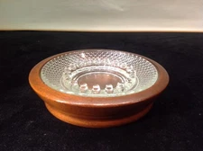 Antique Solid Walnut & Glass Table Ashtray 7.5" Dia.