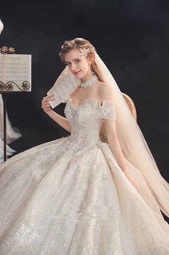 GREOENEL Amor White Wedding Dress Boat Neck Off Shoulder Long Tailing Princess - Picture 4 of 5