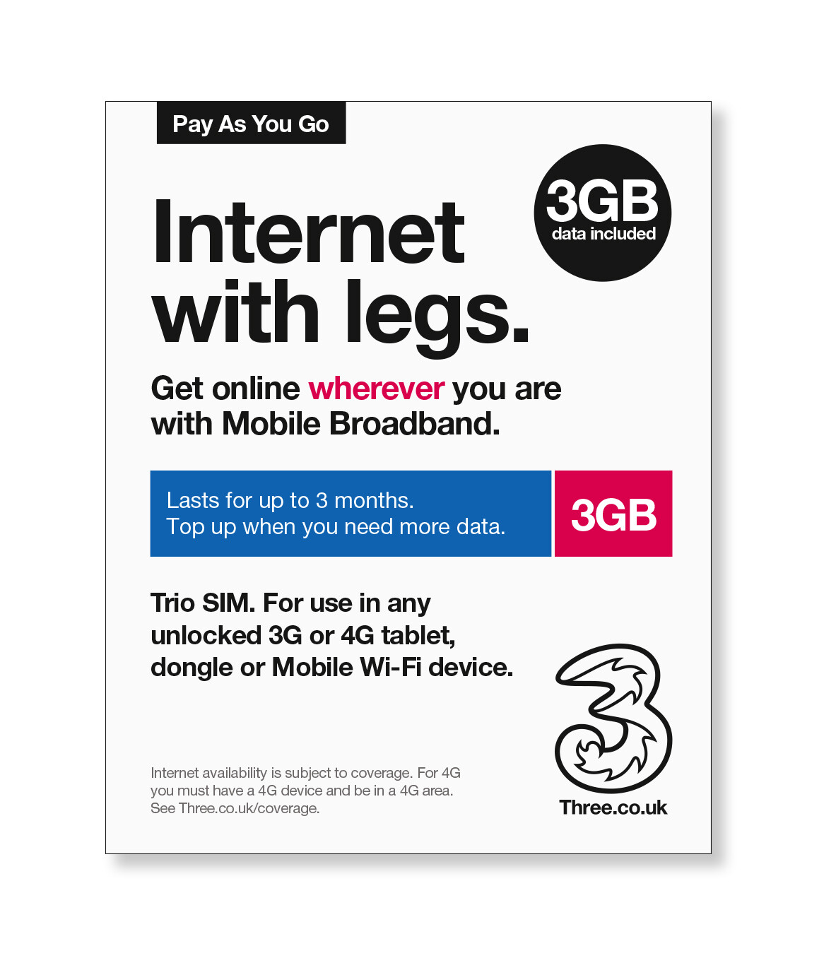 Three Pay As You Go Mobile Broadband 3GB data SIM 5050553352021 eBay