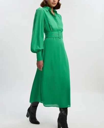 KAREN MILLEN GREEN DRESS BELTED PLEATED GEORGETTE LONG MIDI SHIRT COLLARED UK 8