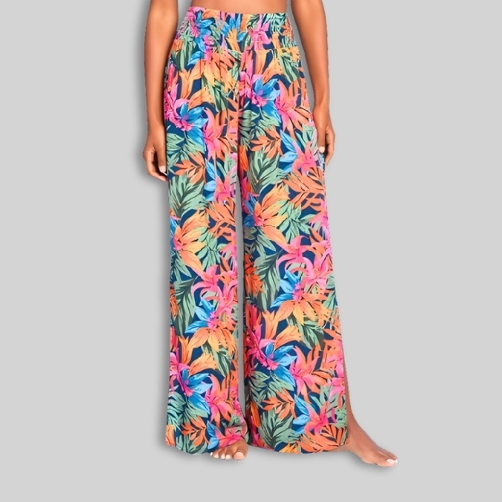 Shade & Shore Wide Leg Pants Slit Smocked Waist Tropical Print Multicolor W XL