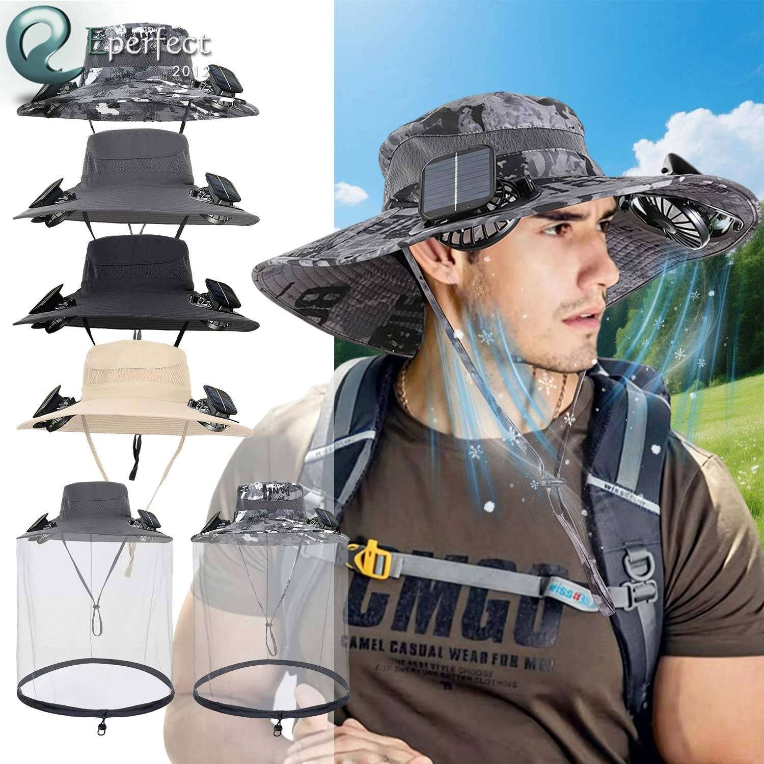 Wide Brim Sun Hat with Solar & USB Powered Dual Fan for Outdoor Fishing Hiking