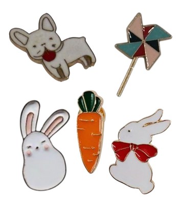 5 PCS Easter Rabbit Carrot Pug Dog Windmill Multicolor Enamel Brooch Pin Set Lot