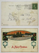 1910 Christmas Postcard: Winter Scene with Holly Berries & Snowy Landscape