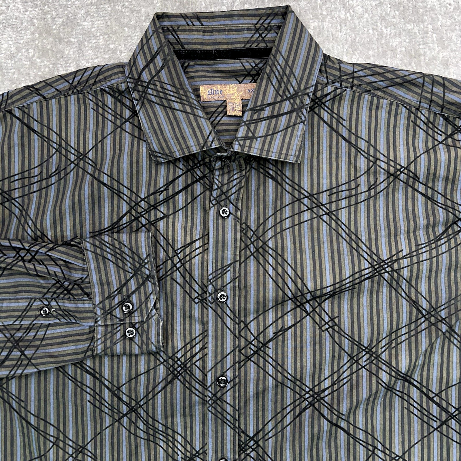 BLUE PRONTO UOMO Dress Shirt Mens 2XL Black Button Up Long Sleeve Velvet Crosses