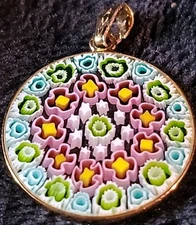 AMV Italy Millefiori Murano Glass Round Pendant Necklace GOLD OVER STERLING 925