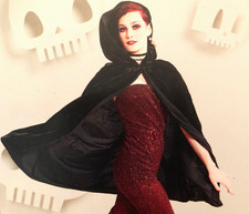 Hooded Black Velvet Cape Cloak Adult Halloween Costume Witch Vampire