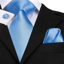 Baby Blue Necktie Set includes Handkerchief and Cufflinks 