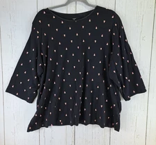 CJ Banks Plus Size 2X Womens Black Watermelon Print 3/4 Sleeve Cotton Top