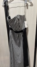 H Halston Black White Pinstripe Strapless Maxi Dress Belted Size 6