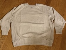 Aerie Cream Heather Down To Earth Oversized Crewneck Sweatshirt Ribbed Detail XS