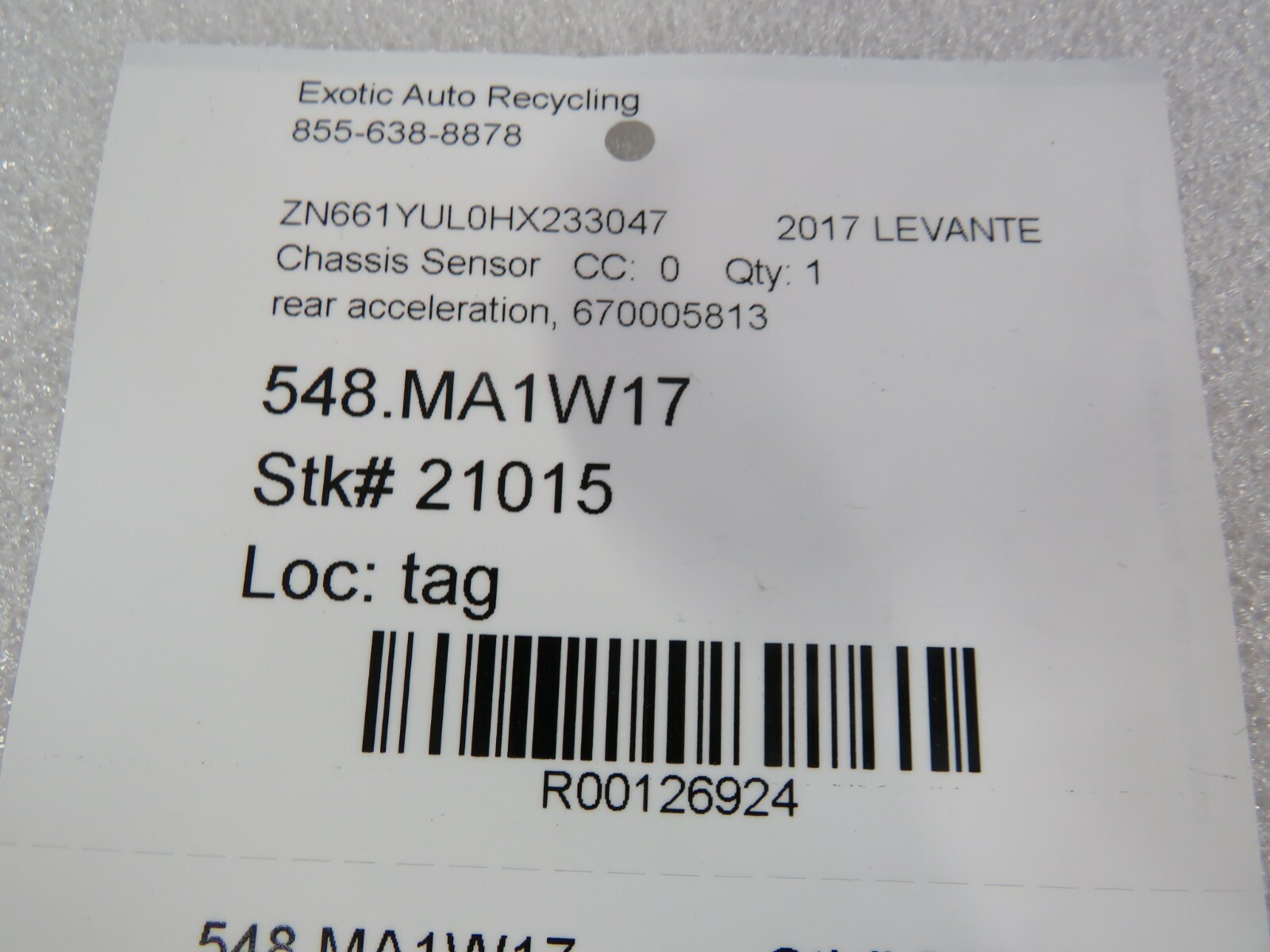 Maserati Levante, Ghibli, Rear Acceleration Sensor, Used, P/N 670005813