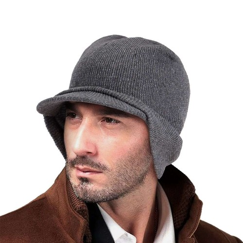 Men Winter Warm Hat Knit Visor Beanie Ear muffs Billed Beanie with Brim Caps - Picture 13 of 15