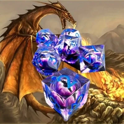 Resin Polyhedral DND Dice Set 7pcs RPG D&D liquid centre with Dragons Eye