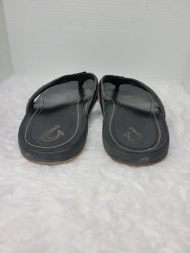 Olukai Kukui Men's Sandals Size 13 Black Leather Flip Flops Thongs Shoes - Picture 4 of 9