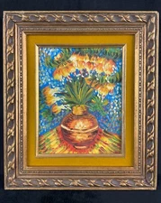 Vintage Framed Post-Impressionist Still Life Floral Oil on Canvas After Van Gogh