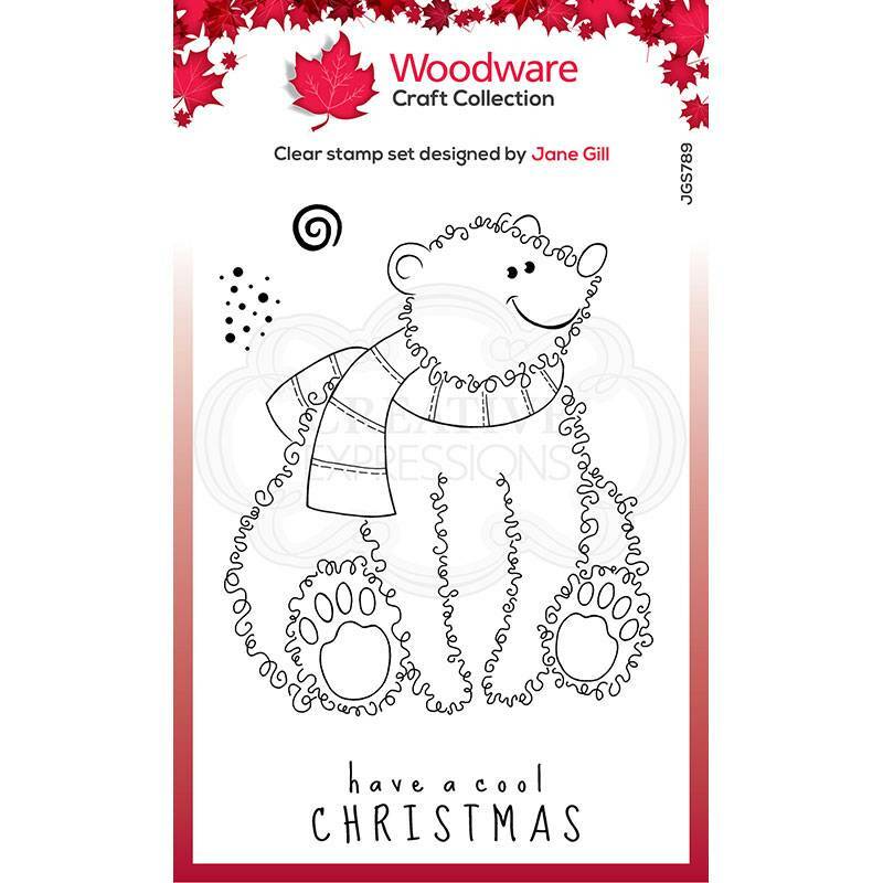 Woodware Festive Fuzzies Polar Bear 4 Pce Clear Stamp Set Christmas Card Making