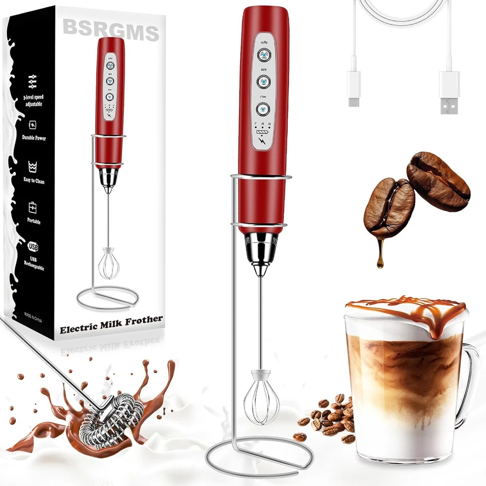 Milk Frother Handheld with Stand, Electric Whisk 3 Speed Adjustable, Red