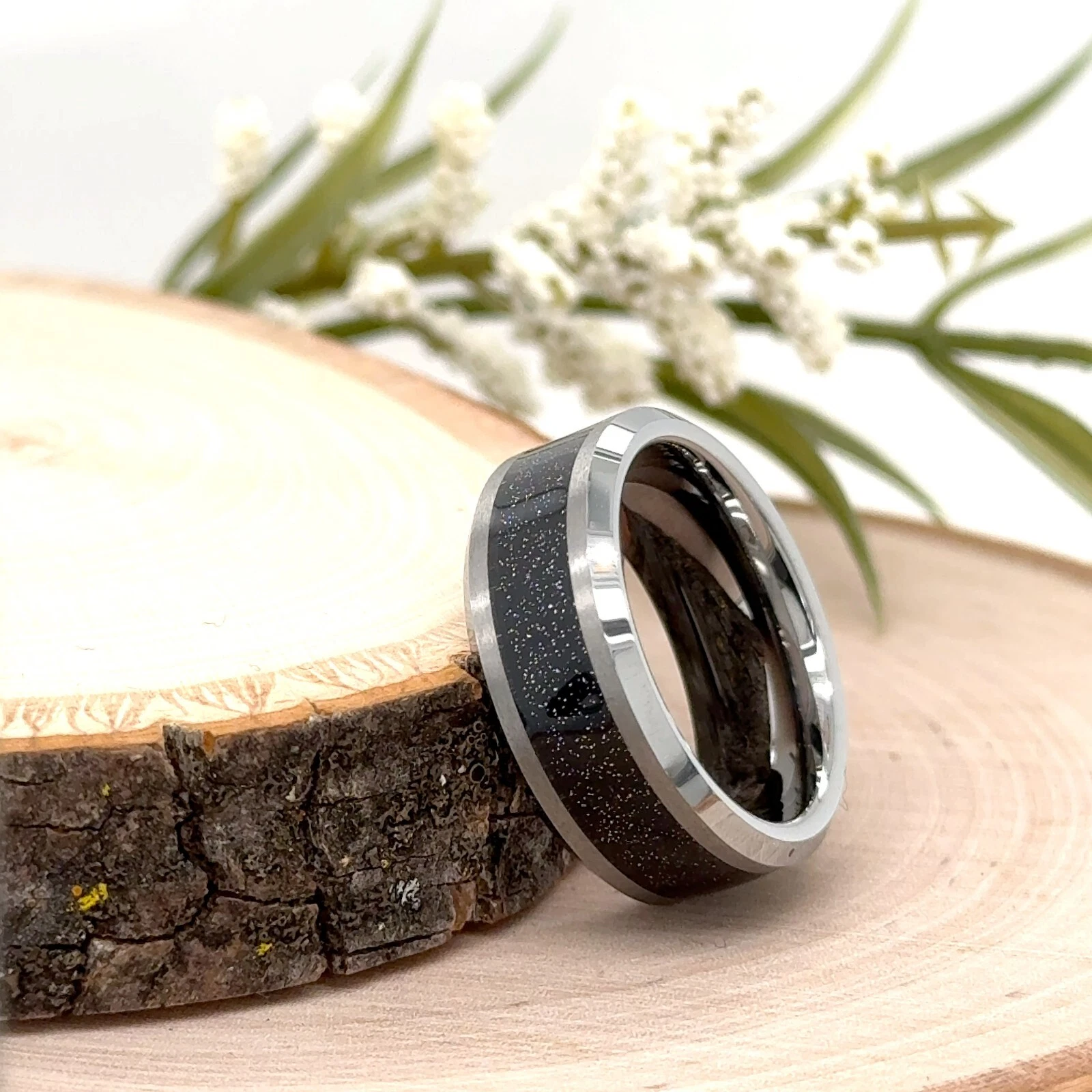 Stunning Engagement Ring Silver Tungsten 8mm Unisex Ring Black Sparkling Band