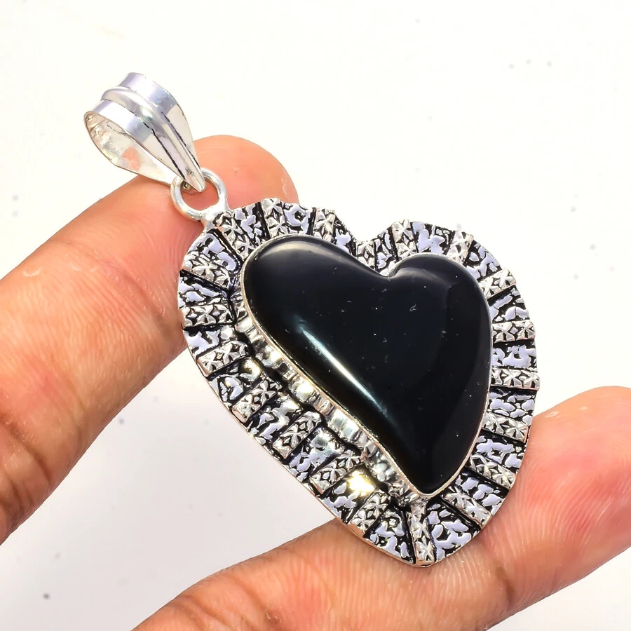 Bonito Ónice Negro Corazón Piedra 925 Plata de Ley Hecho a Mano Colgante - Imagen 2 de 4