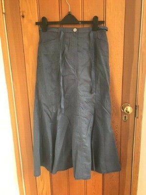 daxon linen cotton midi skirt panel flare petrol blue uk 10 new unworn belt