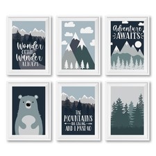6 Woodland Nursery Wall Decor - Reversible Unframed Baby Boy Nursery Decor, T...