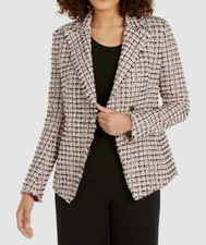 840 Elie Tahari Women Beige Black Jezebel Tweed Frayed-Trim Plaid Jacket US 10