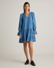 Quince Women Chambray Tencel Tiered Long Sleeve Mini Dress Blue XL