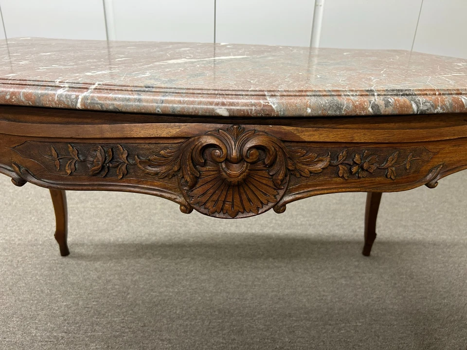 ВИНТАЖНЫЙ АНТИКВАРНЫЙ ФРАНЦУЗСКИЙ СТОЛ из красного дерева КОРИЧНЕВЫЙ-КРЕМОВО-СЕРЫЙ МРАМОРНЫЙ ВЕРХ 1 ящик - Изображение 3 из 4