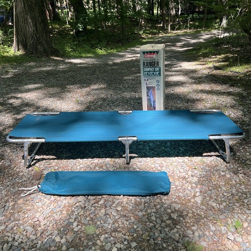 Vintage Coleman Ranger Compact Cot Teal Camping Bed w/ Box Carry Bag USA