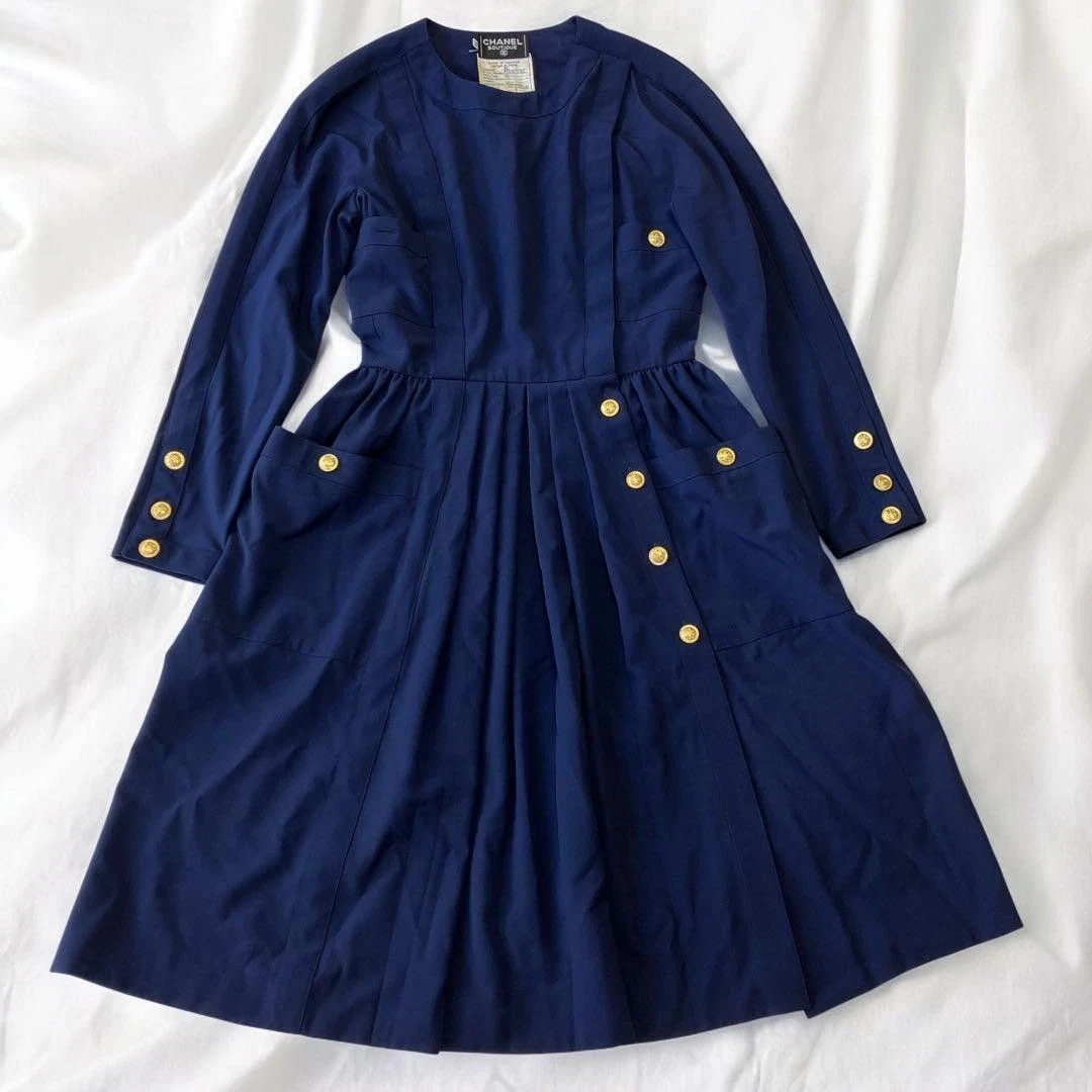 Chanel — Rare CHANEL 96C Gold Button Dress 38 Navy Silk Lined France Vintage SR1930