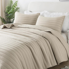 Neutral Beige Queen Size Quilt Bedding Sets with 2 Pillow Shams, Full Lightweigh