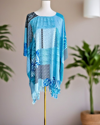 0032/ Light Blue Color Poncho with fringed, Loose Top, Summer Dress, Swim Cover