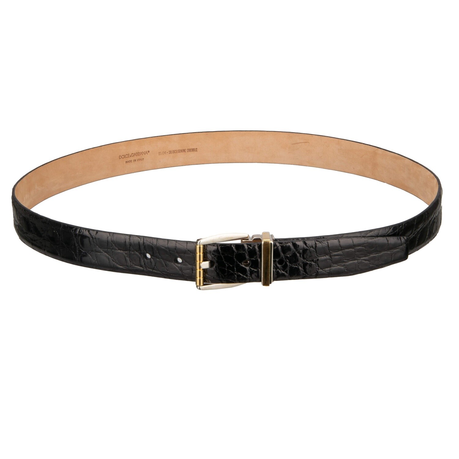 DOLCE & GABBANA Silver Gold Metal Buckle Croco Leather Belt Black 95 38