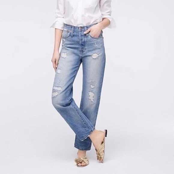 J. CREW Point Sur Denim High Rise Boyfriend Distressed Jeans Blue Sz 30