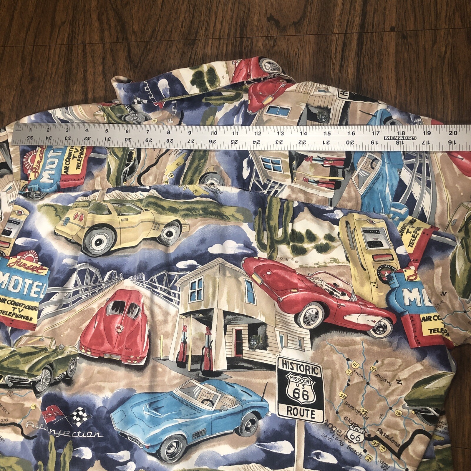 Vtg PARADISE FOUND Hawaiian Shirt Mens M Route 66 Corvette Stingray Made Hawaii
