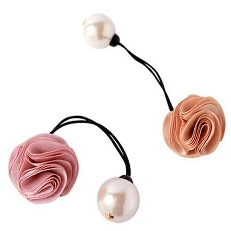 Simulated Pearl Hair Ties -Rose Flower Ponytail Holder Women Hair Accessory 2pcs - Image 2 of 4