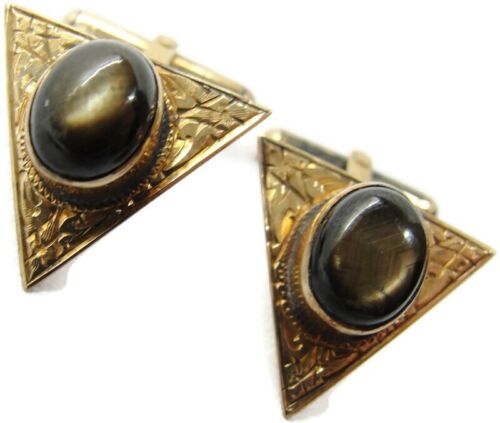 Vintage 10K Gold Black Star Sapphire Cufflinks Triangle Shape Beautiful - Picture 1 of 12