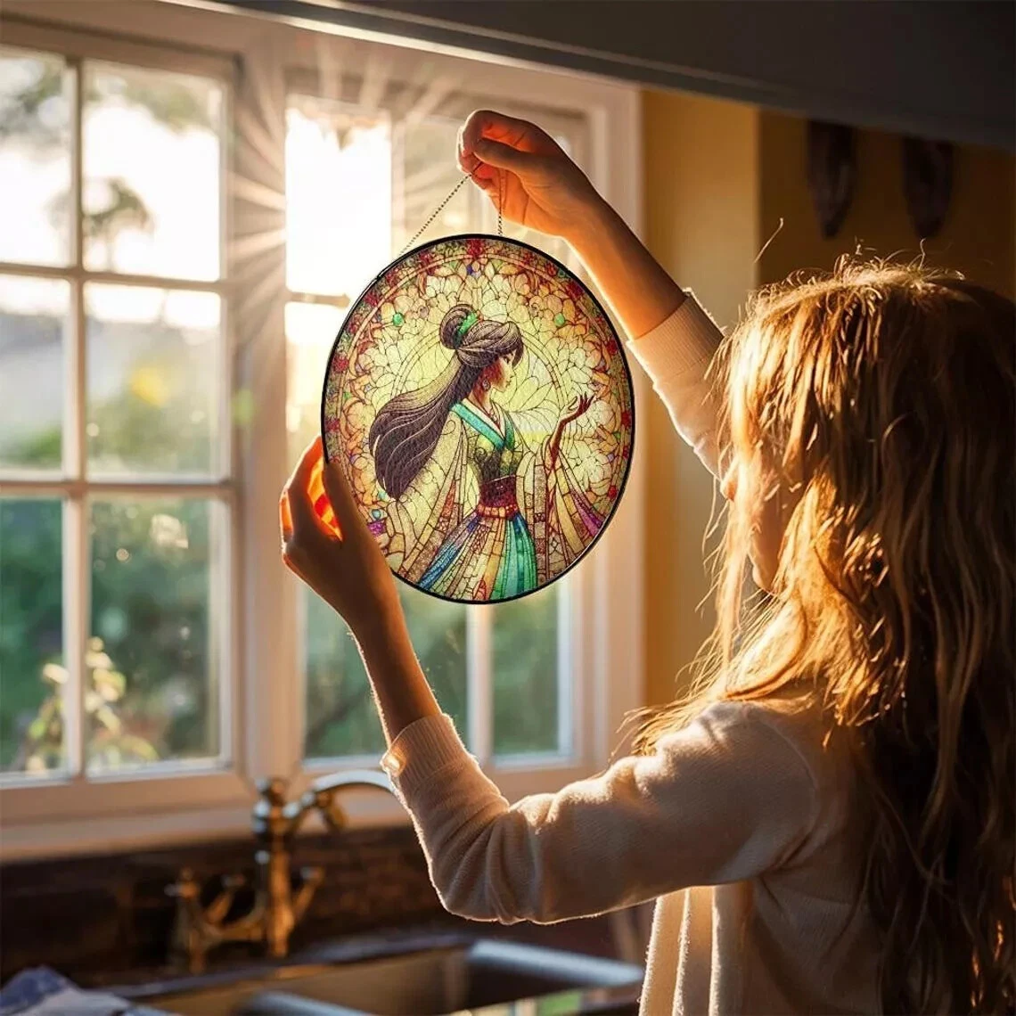 Mulan Princess Stained Glass Suncatcher Window Hanging Decor