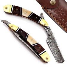 Custom Hand Made Damascus Steel Straight Folding Razor With Shave Ready Razor-51