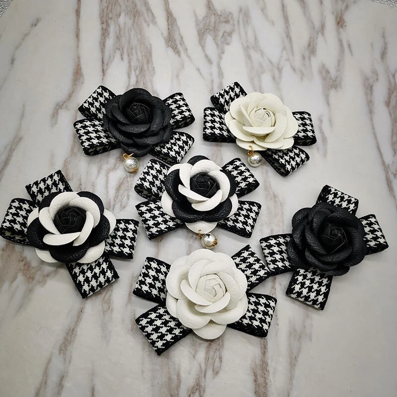 Houndstooth Bow Camellia Flower Brooch Pins Clothes Collar Blouse DIY  Decoration