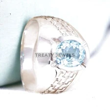 Aquamarine Oval Cut Gemstone With 925 Sterling Silver Ring For Men's #A151
