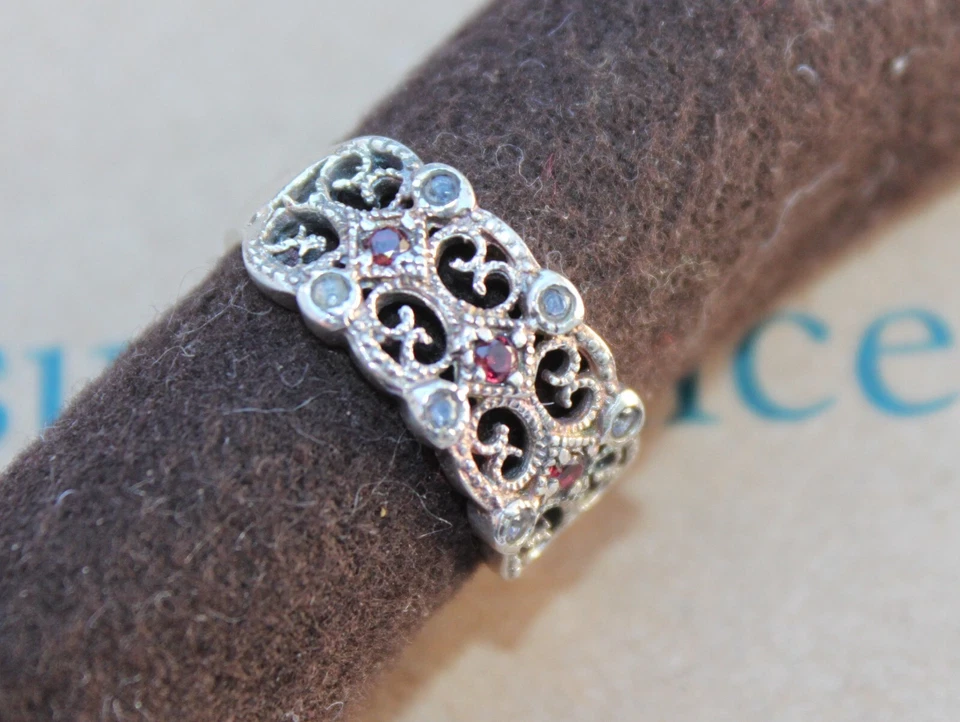 Catálogo SUNDANCE Anillo Plata Esterlina Granate "Encaje Barroco" Talla 7 Banda Filigrana Foto 3 de 4