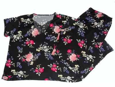 2Pc Flora Nikrooz Bright Shabby Floral S/S Black Pajamas Wm's Plus Sizes NWT $68