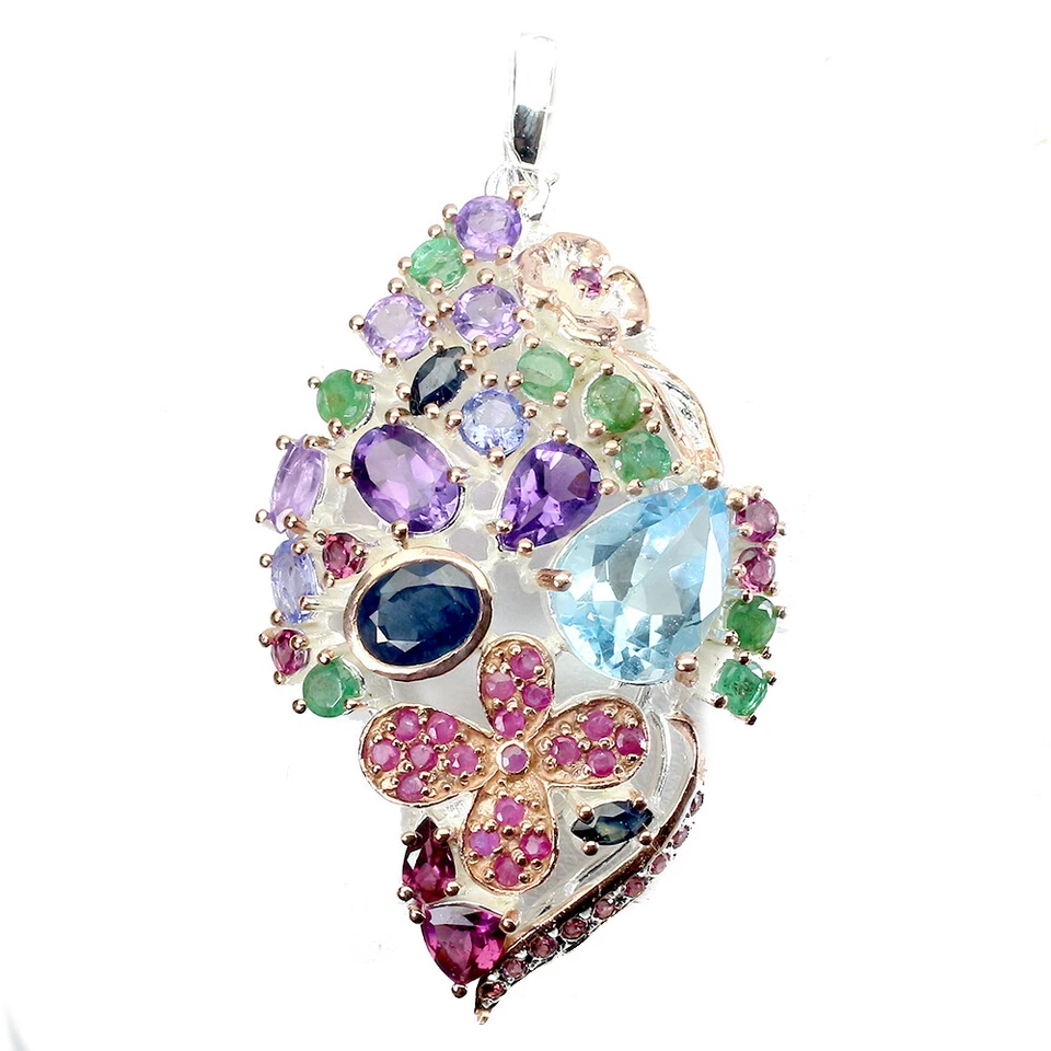 Pendente In Argento Sterling 925 Con Topazio Pera, Smeraldo, Zaffiro E Rubino - Immagine 2 di 4