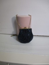 Vintage La Regale Navy Blue Beaded Clam Shell Evening Bag Goldtone Chain 5" x 4"