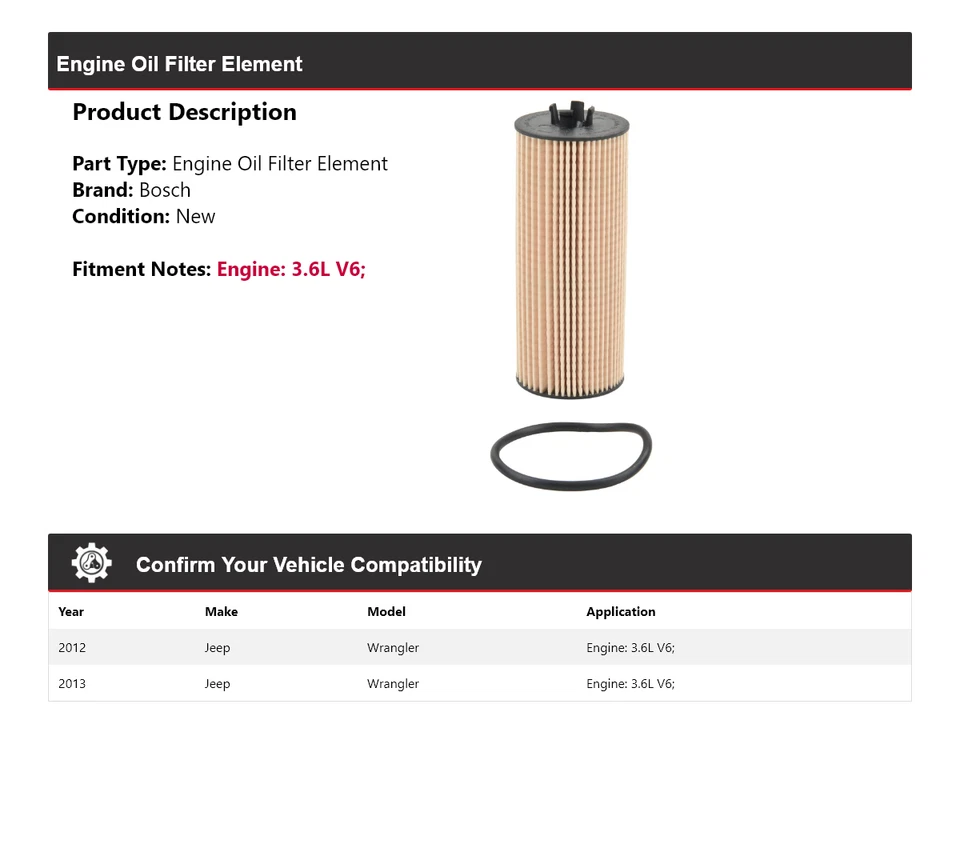 Filtro de aceite Bosch Premium 3,6 L V6 2012-2013 Jeep Wrangler Foto 2 de 3