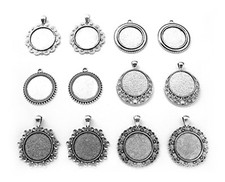 12 SILVERTONE 25mm Round PENDANTS Frame Settings Lot CAMEOS DIY Crafts & Gifts