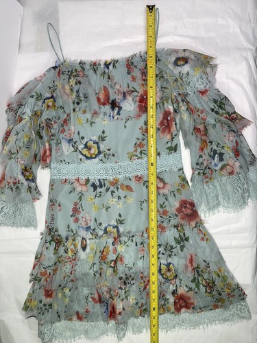 Alice + Olivia Cold Shoulder Tiered Lace Trimmed Floral Silk Mini Dress Size 10 - Picture 9 of 12