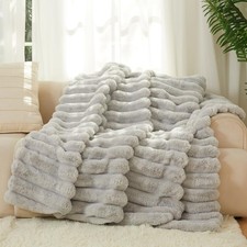 The Nantucket Blanket - LuxeComfort Faux Fur Striped Blanket 50"x60" Pebble G...